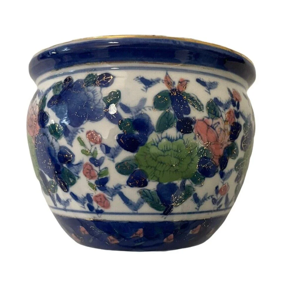 Chinese Style Koi Coi Pond Bowl Miniature Floral Cobalt Blue & Pink 3.5
